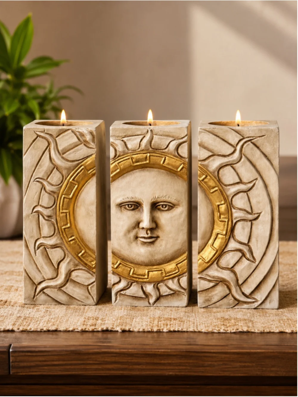 Aztec Calendar Candleholder Centerpiece – 3-Piece Stone-Look Set